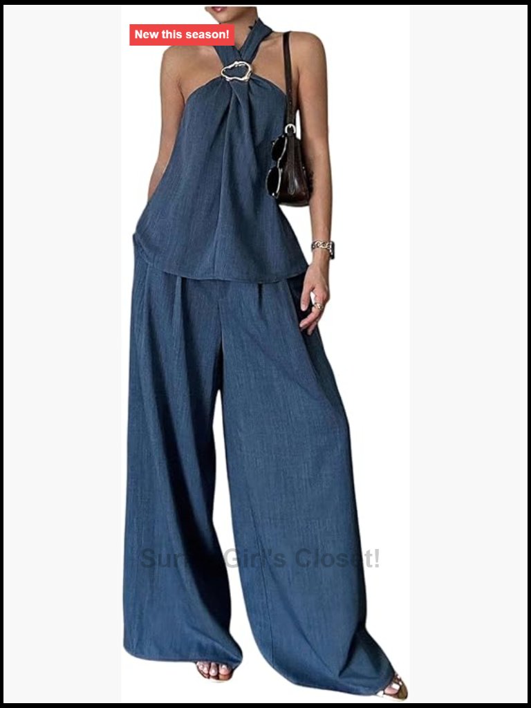 2 Piece Outfit Halter Tank Top Wide Leg Pants Matching Sets